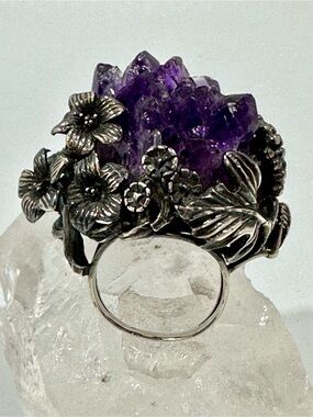 Vintage Amrita Singh Signed 925 Sterling Silver Raw Amethyst Druzy Cocktail Ring